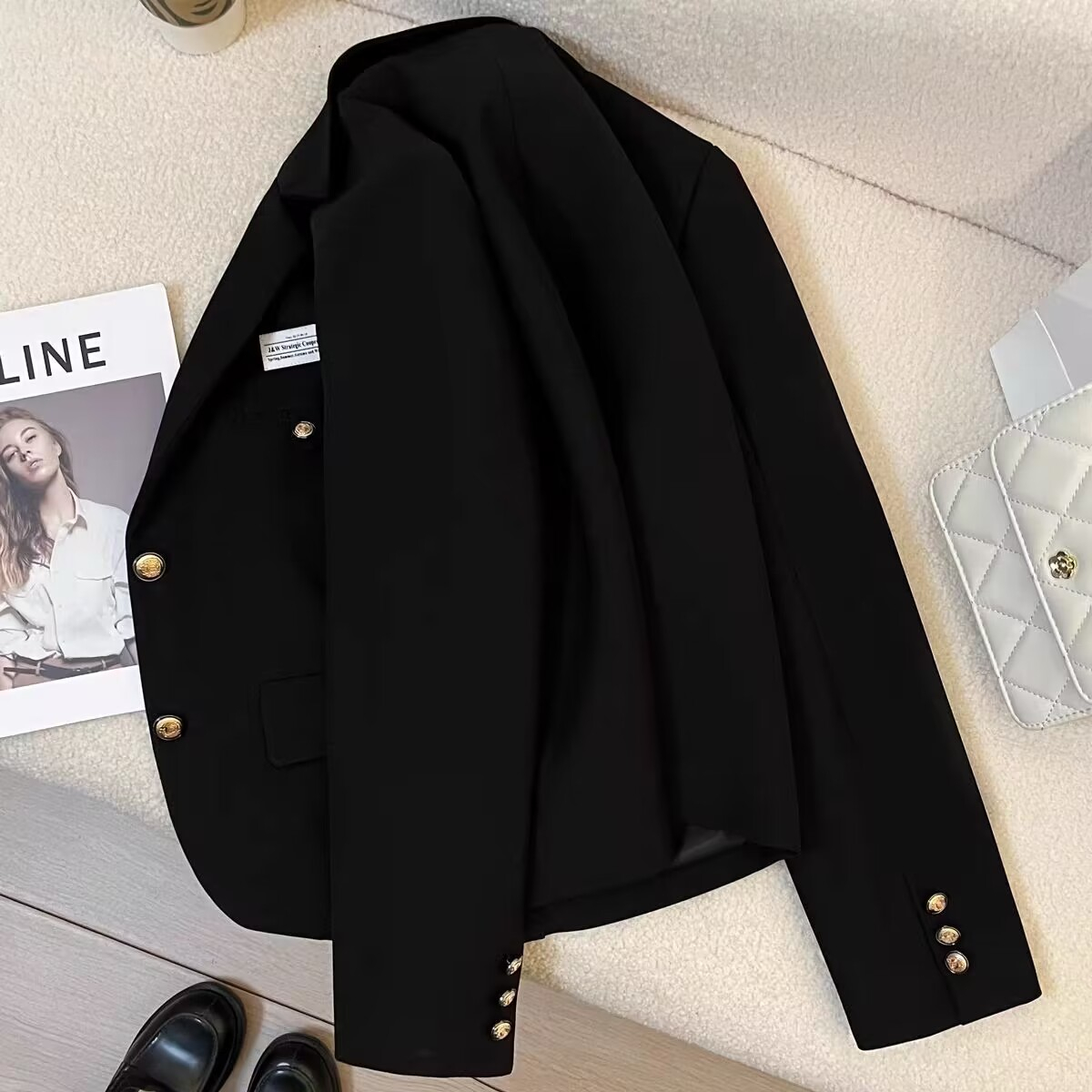 Black short blazer for small women  autumn new design college style casual street suit