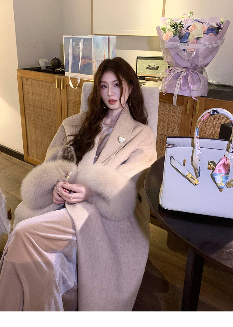 SYA溪小西 意大利進口全羊毛大衣女秋冬季高級感袖口狐狸毛外套