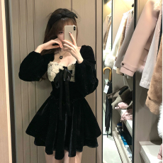 批发黑丝绒双层细闪千金短裙年会裙蝴蝶结绑带拼接丝绒<b class='q'>连衣裙</b>