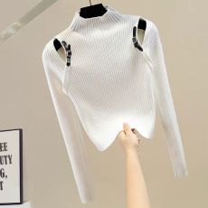 批发时尚镂空设计感立领套头修身短款针织毛衣女新款洋气百搭显瘦上衣