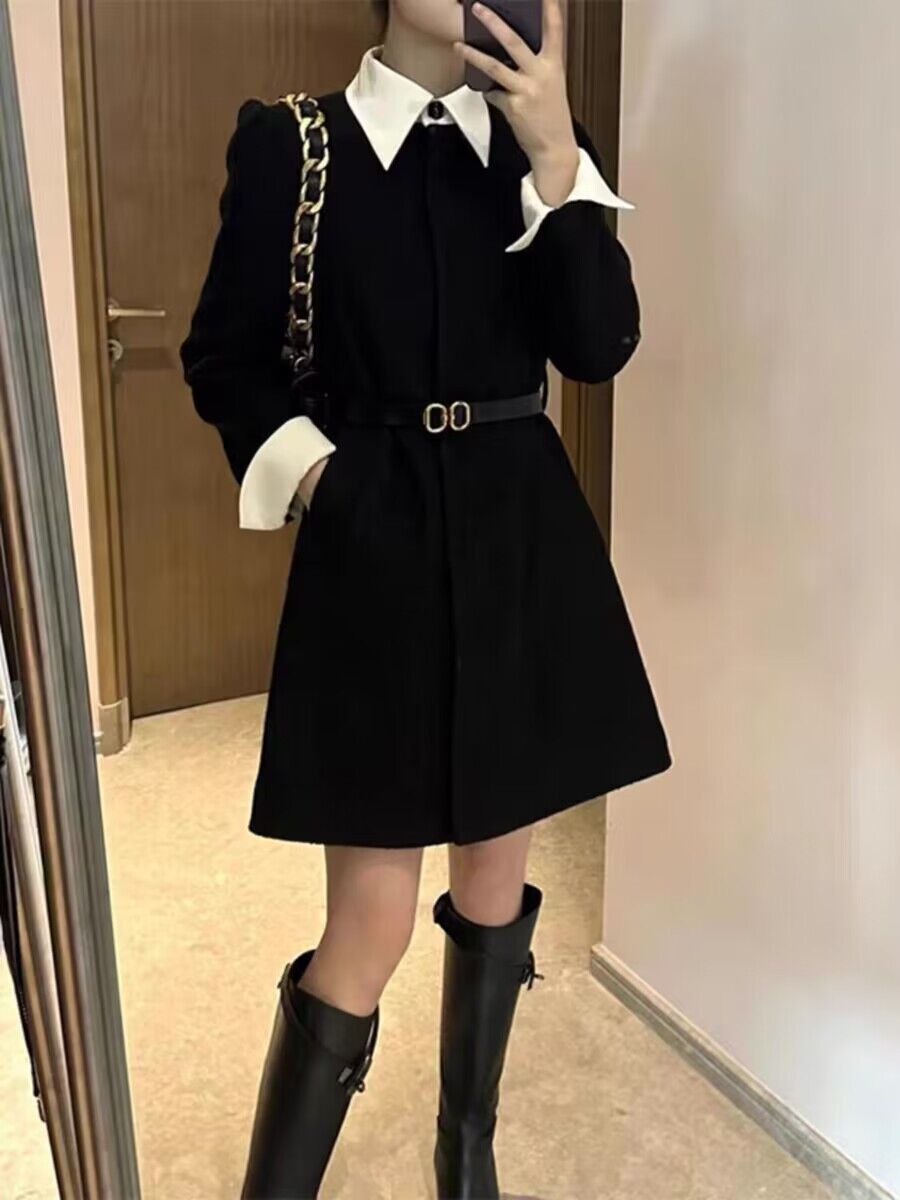 高級感小香風黑色假兩件連衣裙女秋冬裙子2023冬季新款氣質小黑裙