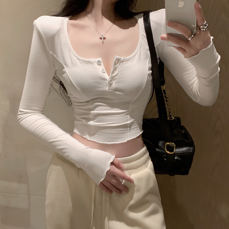 Actual shot of Pure Desire U-neck right shoulder long-sleeved T-shirt women's short style inner fit button-up bottoming shirt hot girl top