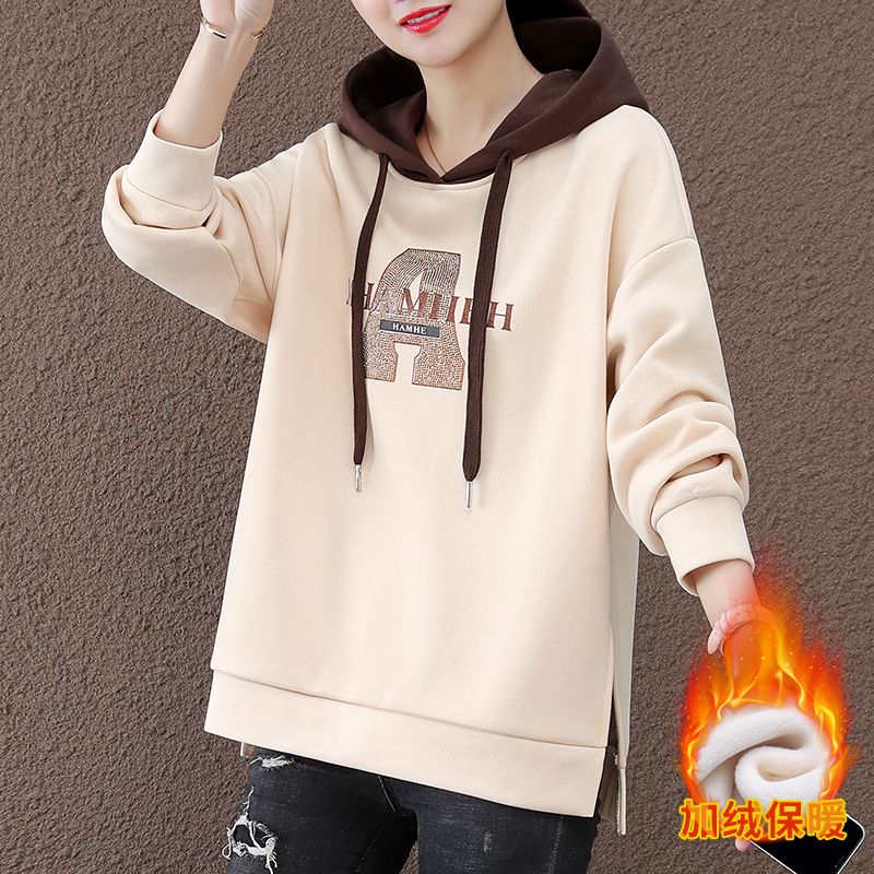 MY16715# 宽松加绒卫衣女新款时尚韩版大码女装套头连帽上衣外套女裝貨源服裝批發