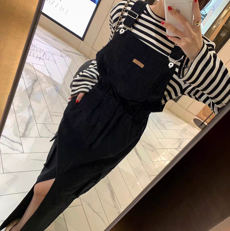 2024春系新款韓系燈芯絨百搭工裝被帶長裙女