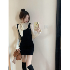 批发实拍实价~旷野银河假两件法式复古针织气质时尚连衣裙女韩系裙子