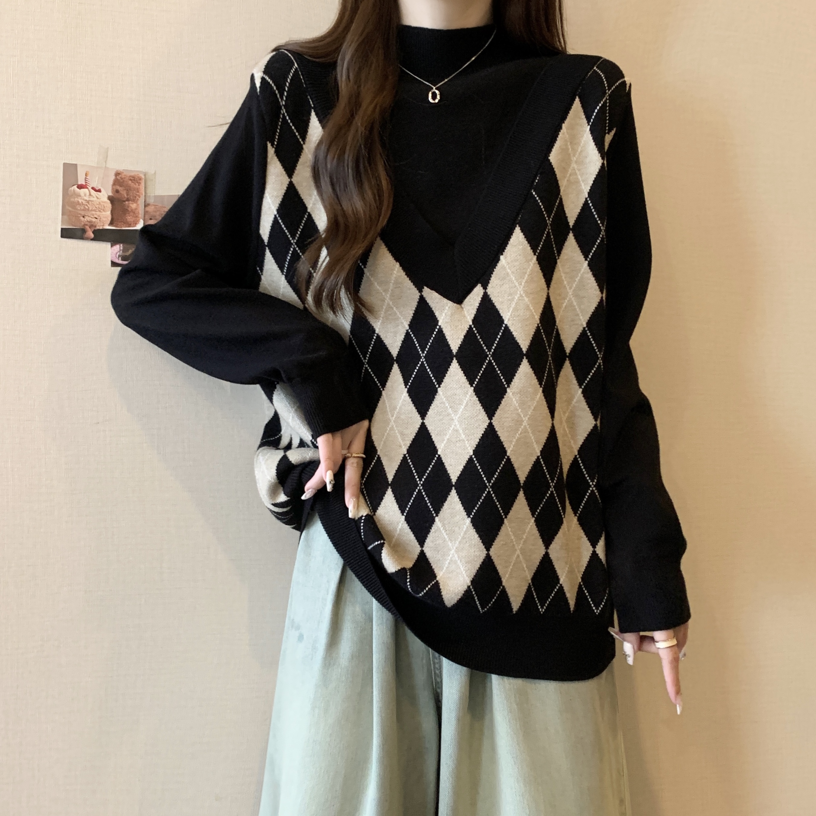 실사 지방 mm 빅 사이즈 페이크 레이어드 레트로 링 그리드 스웨터 여자 느긋한 바람 루즈핏 슬림해 보이는 니트 스웨터