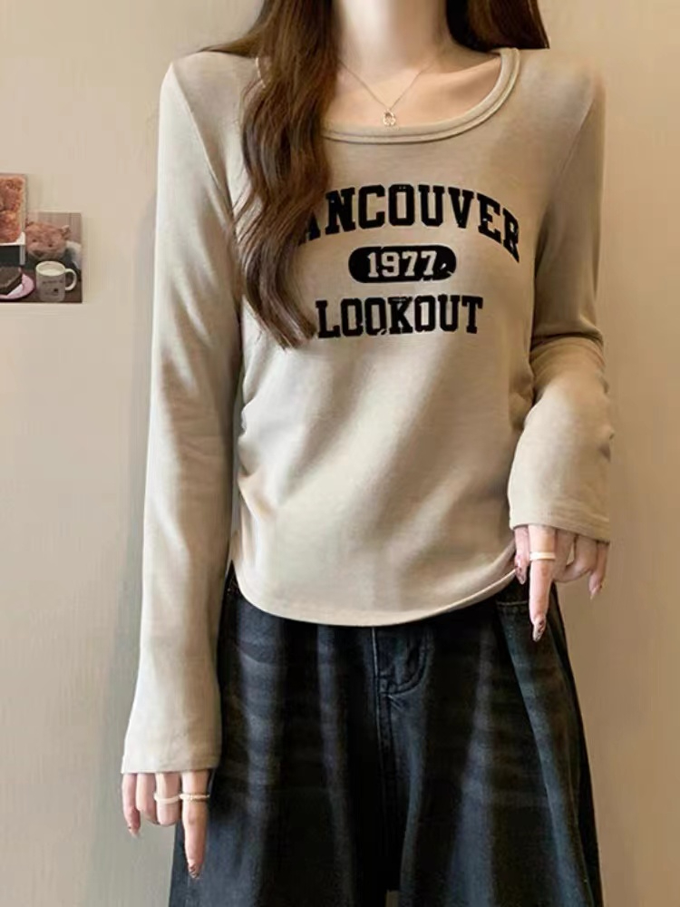 雙面加絨打底衫女秋冬新款修身顯瘦純色u領短款內搭長袖印花上衣