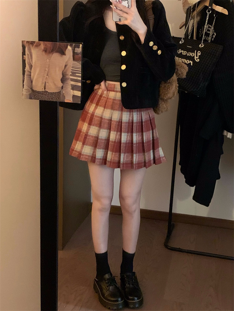 半身裙秋冬格子毛呢高腰紅色小個子a字百褶裙短裙
