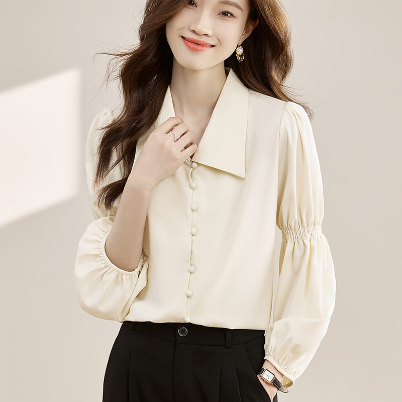 MY17074# 法式复古V领泡泡袖衬衫新款设计感长袖衬衣别致上衣女裝貨源服裝批發