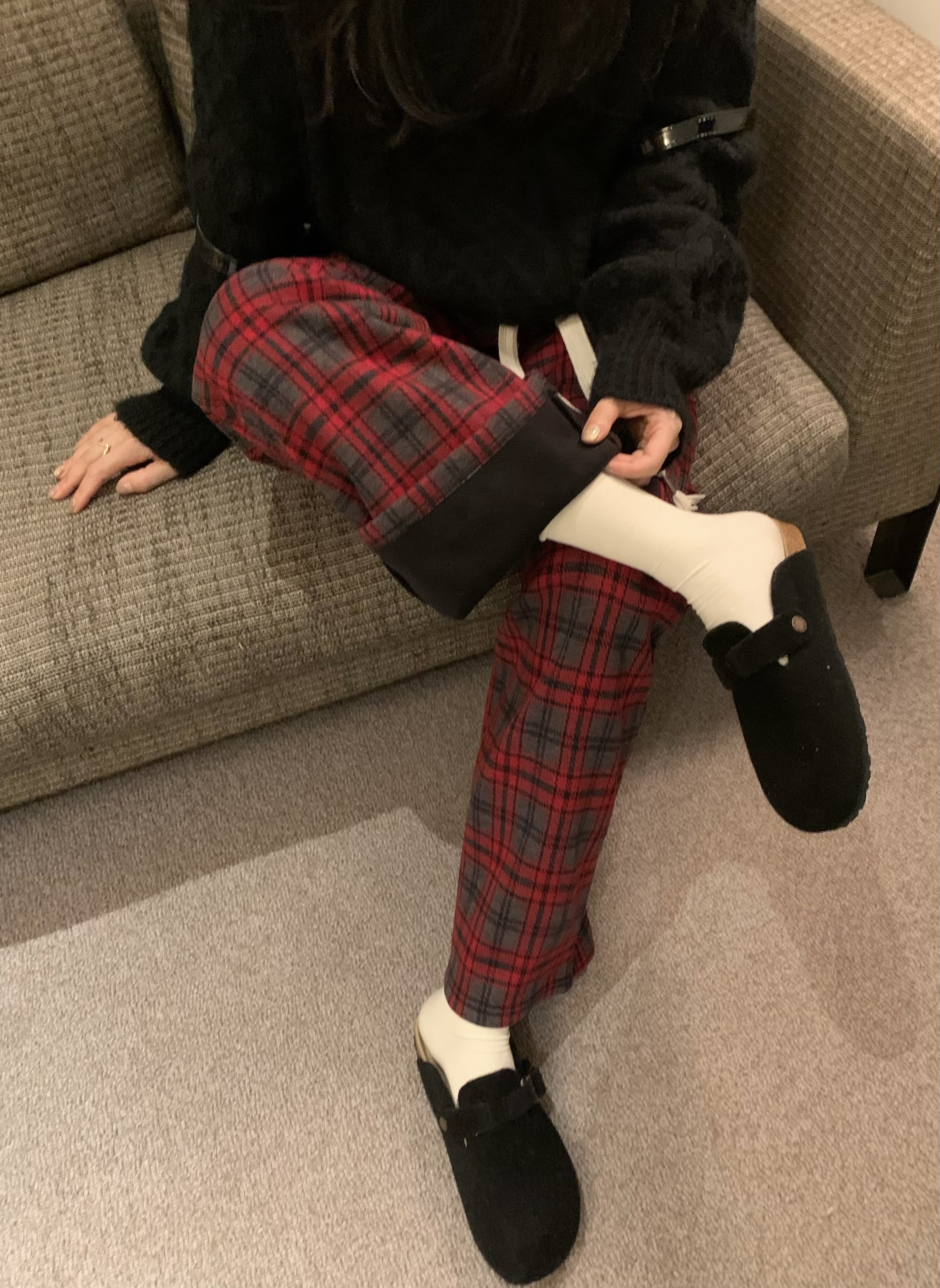 實拍～加絨加厚聖誕復古直筒格子褲毛呢闊腿褲