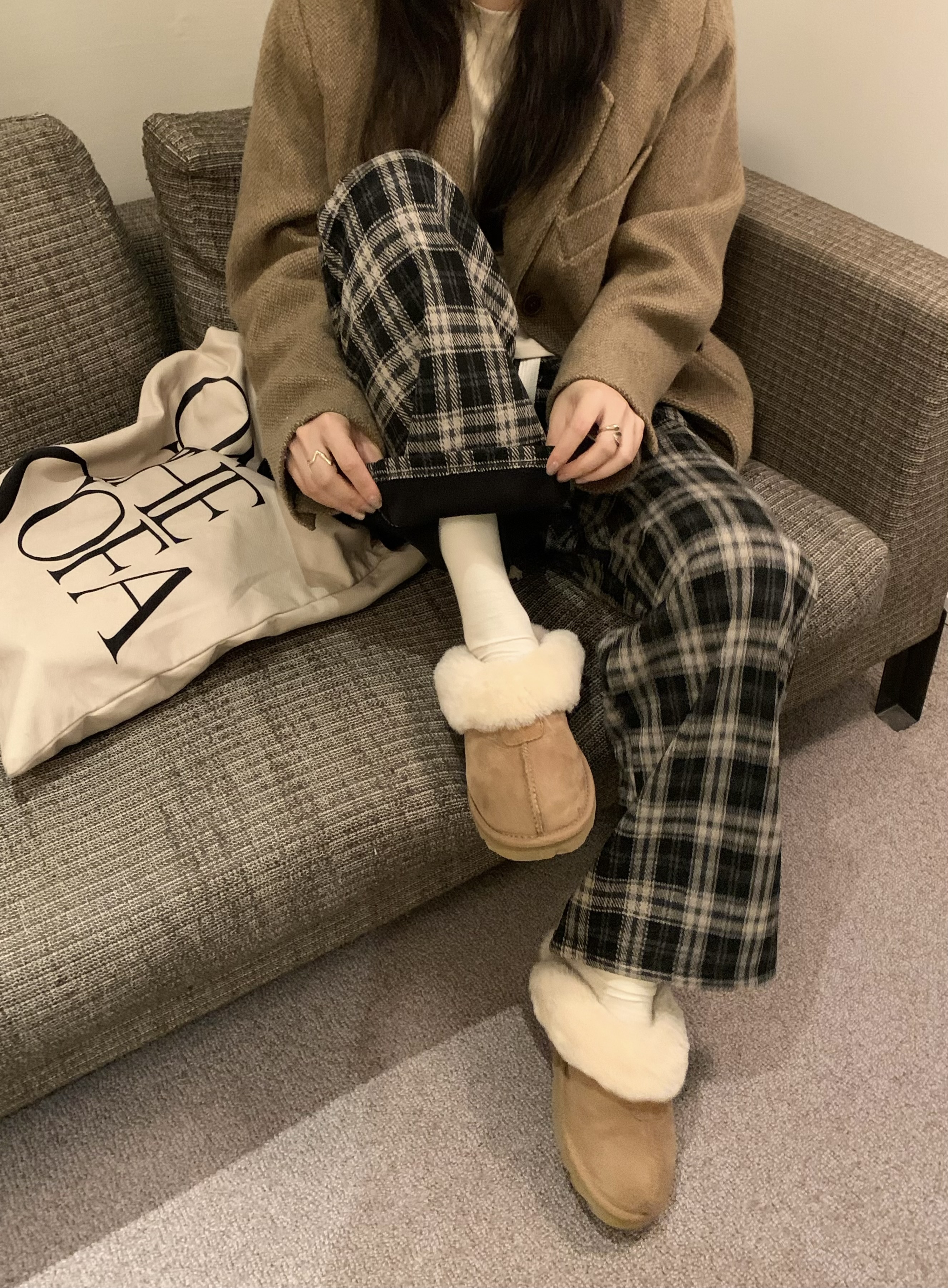 實拍～加絨加厚聖誕復古直筒格子褲毛呢闊腿褲