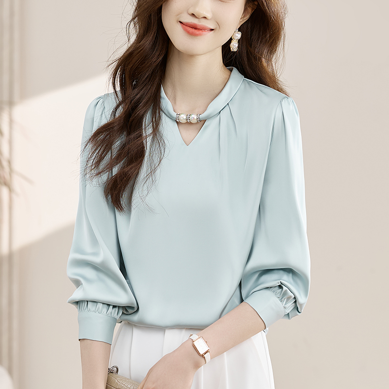 프랑스식 작은 대중 행침 목 스탠드 칼라 비즈 여성 셔츠 26 봄 가을 새로운 풀오버 새틴 품격 출퇴근 경력 맨위