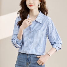 批发蓝色条纹<b class='q'>衬衫</b>女2025春秋新款设计感小众<b class='q'>OL</b>职业通勤叠穿休闲<b class='q'>衬衣</b>