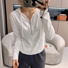 批发现货春秋新款长袖连帽薄款拉链T恤白色内搭别致独特小衫上衣#2155