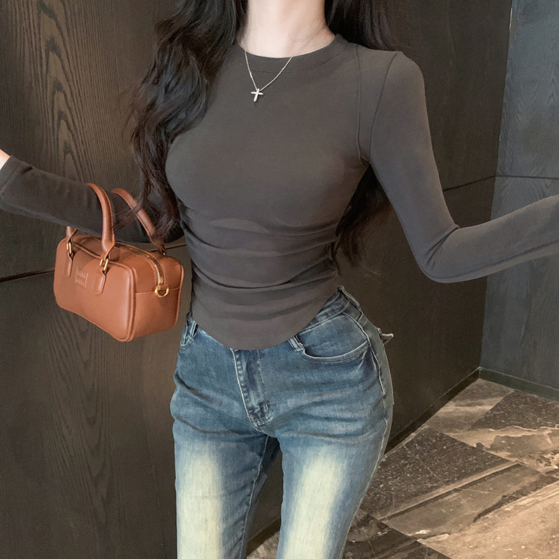 實拍 磨毛加絨正肩T恤女秋冬修身顯瘦內搭純色打底衫純欲上衣