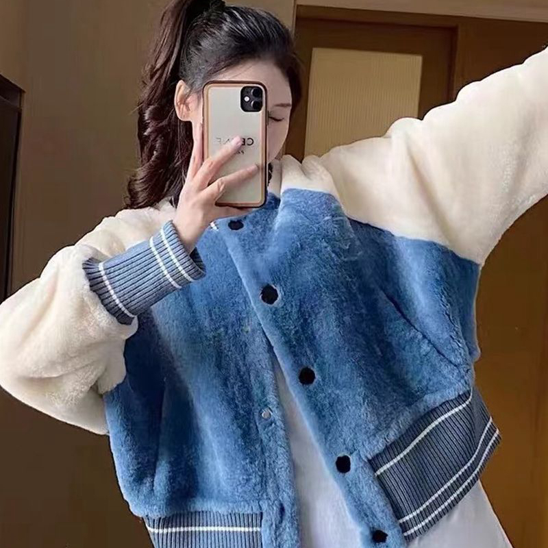 Fashion trendy lamb lazy style long-sleeved cardigan autumn and winter new contrast color splicing loose and versatile baseball uniform top
