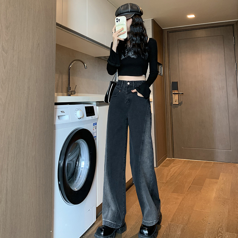 高質量黑灰直筒闊腿褲女高腰設計感顯瘦寬鬆拼接拖地牛仔長褲加長