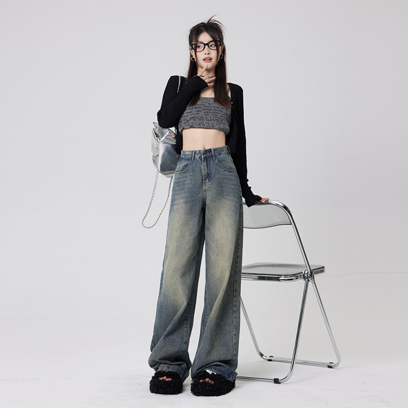 實拍2024早春闊腿寬鬆垂感小直筒牛仔褲女
