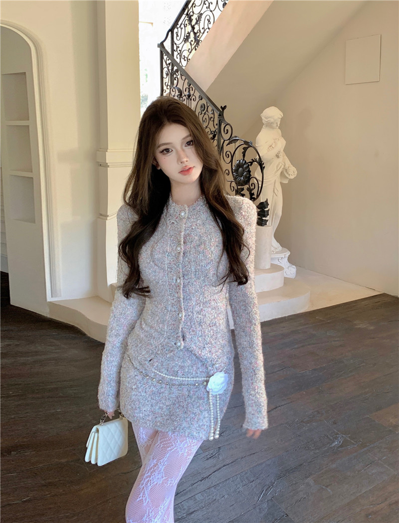 實拍~千金風時髦套裝彩色紐扣開衫厚實毛衣+彩色包臀顯瘦半裙