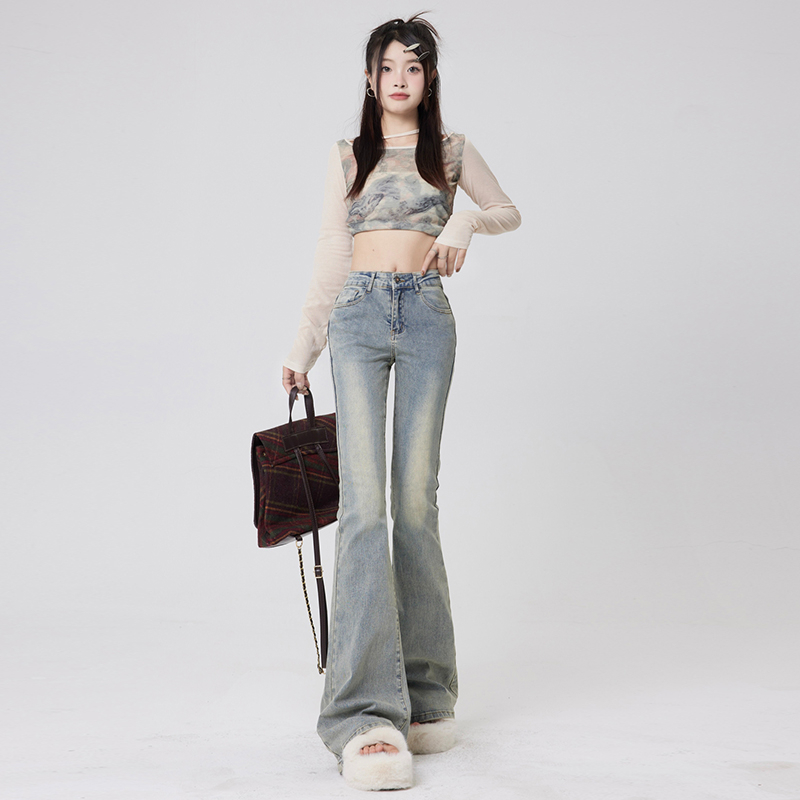 Actual shot of 2024 early spring American mud-dyed casual wear stretchy bootcut jeans for women
