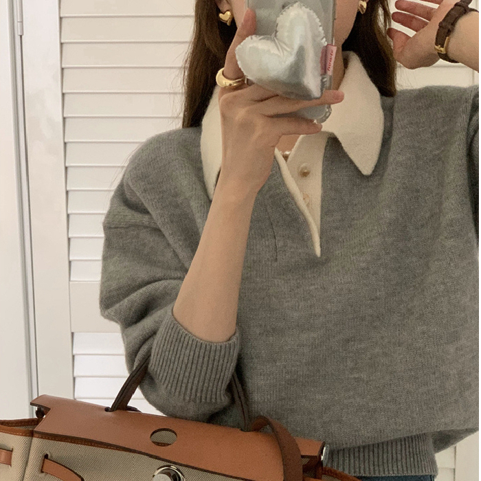 網紅復古翻領針織衫女2024秋季新款寬鬆慵懶長袖上衣短款外搭毛衣