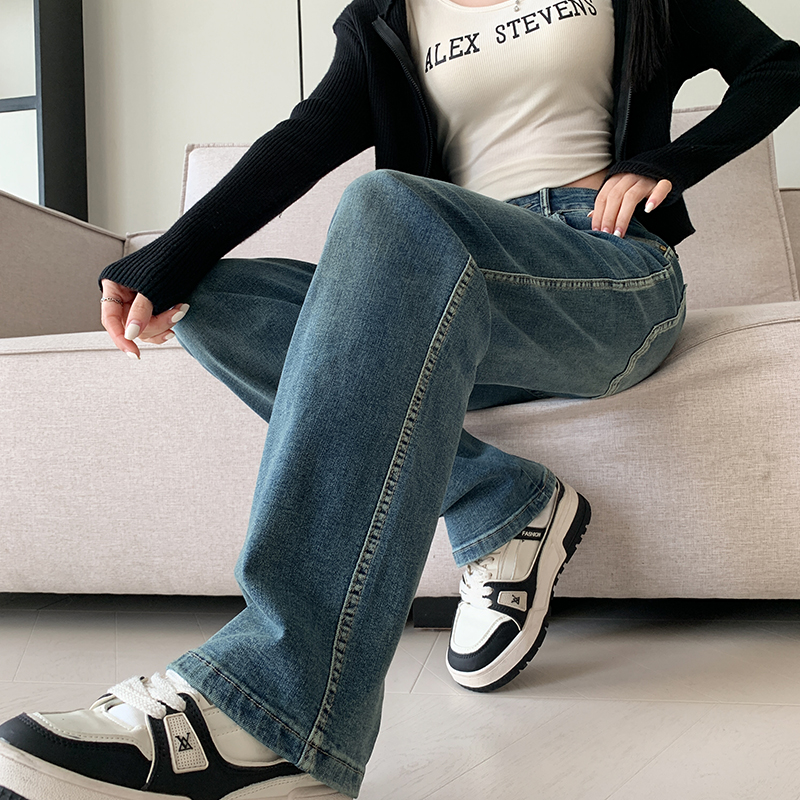 大码女装春季新款高腰设计感牛仔裤胖妹妹弹力显瘦拖地长裤