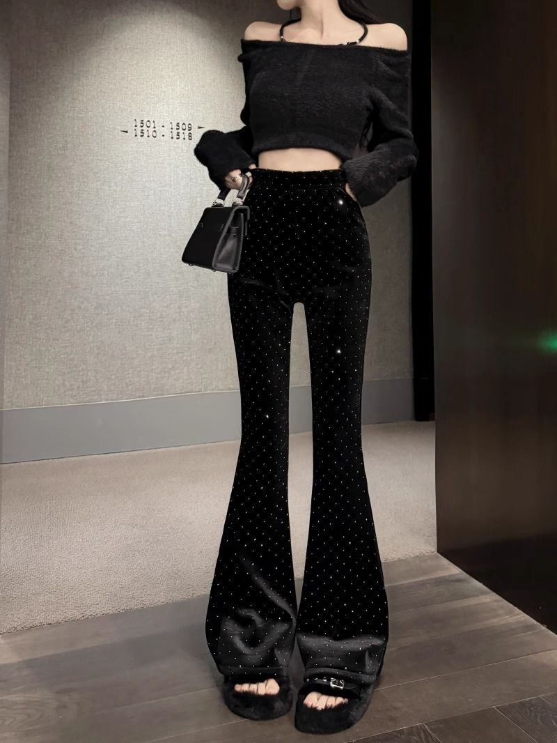 Plus velvet thickened velvet hot silver casual pants women's autumn and winter Korean version  new Hong Kong style design slightly flared trousers trend