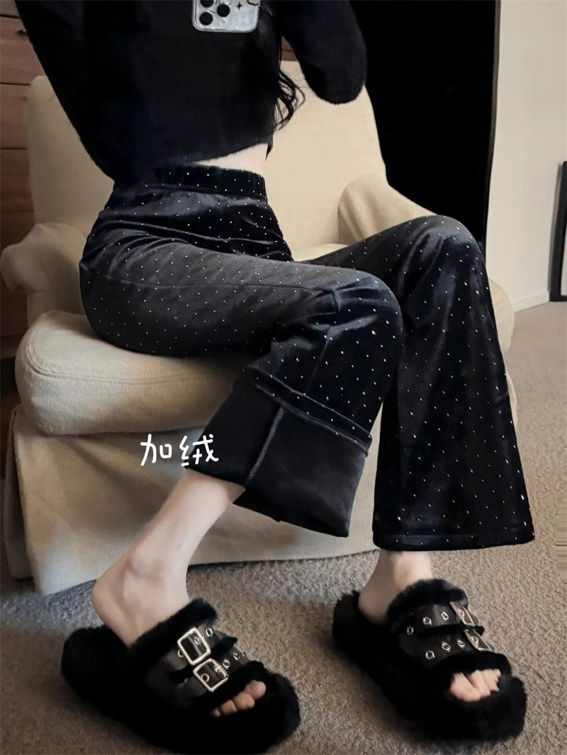 Plus velvet thickened velvet hot silver casual pants women's autumn and winter Korean version  new Hong Kong style design slightly flared trousers trend