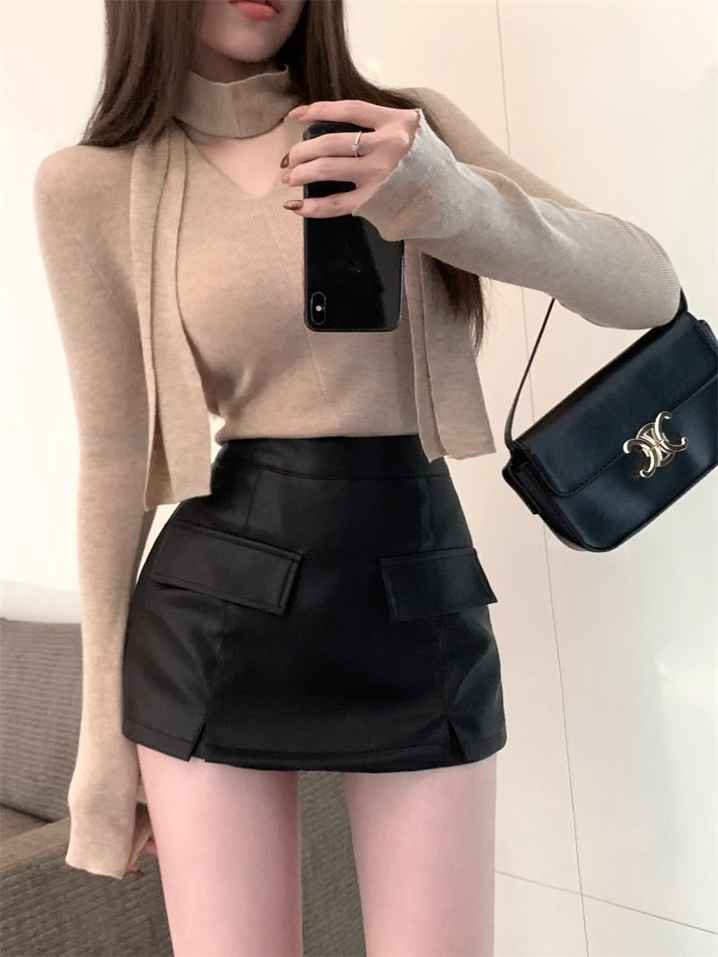 防走光pu皮半身裙女秋冬季2023新款黑色裙褲辣妹緊身裙子包臀短裙