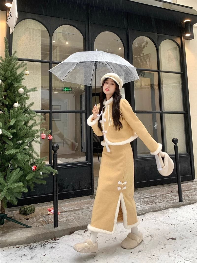 新中式高級感加絨加厚氣質盤扣外套半身長裙女冬季2023新款兩件套