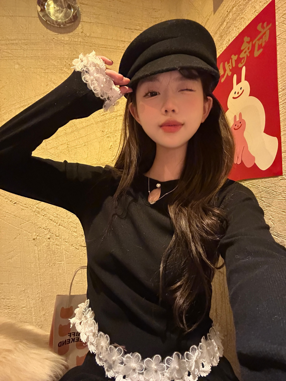 Real shot of three standard retro French pearl flower edge design long-sleeved knitted top for women