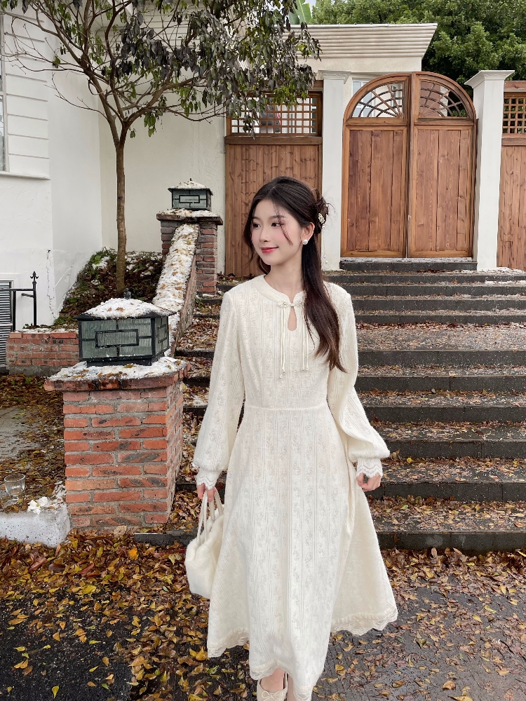 MOBAI Silent White Misty Picture New Chinese Style Improved Ancient Style Cheongsam Dress Women's Autumn and Winter Slim Lace Dress