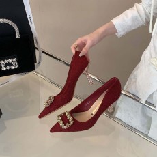 批发<b class='q'>新娘</b>鞋婚鞋秀禾婚纱法式酒红色尖头2023水钻浅口高跟单鞋女
