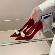 批发<b class='q'>新娘</b>鞋婚鞋秀禾婚纱法式酒红色尖头2023新款浅口高跟单鞋女