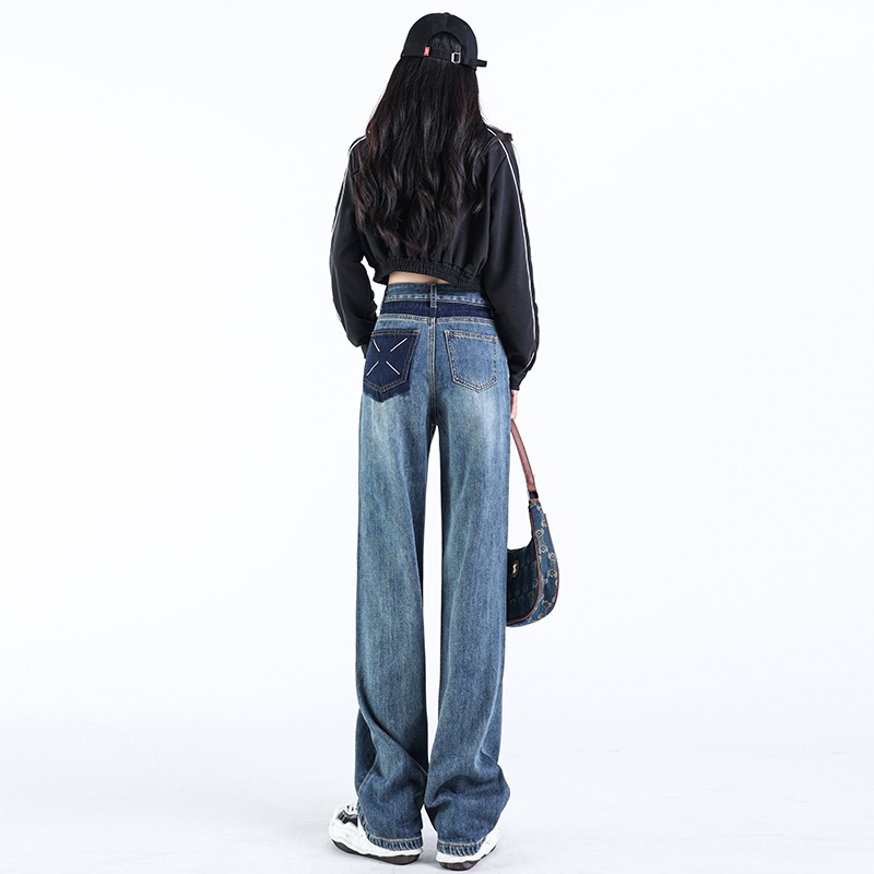 Actual shot of 2024 early spring jeans, loose and versatile retro floor-length trousers with pocket design