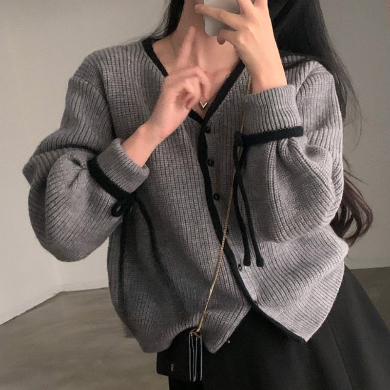 韓國秋冬撞色百搭毛衣女寬鬆甜美單排扣系帶針織開衫
