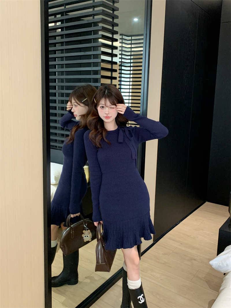 實拍~針織連衣裙女秋冬超好看氣質女裝法式高級裙子