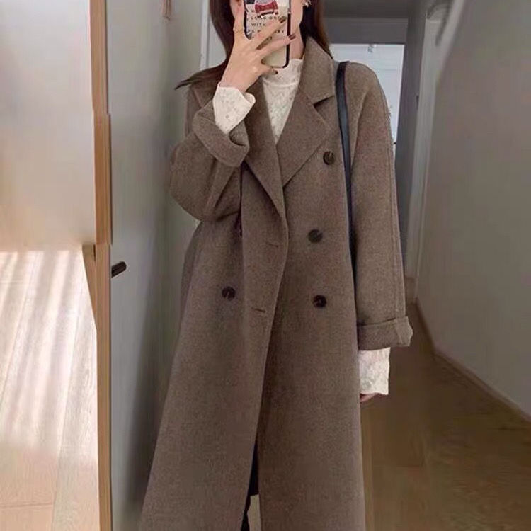 350 Longfeng woolen autumn and winter new classic double-breasted woolen coat mid-length woolen coat for women
