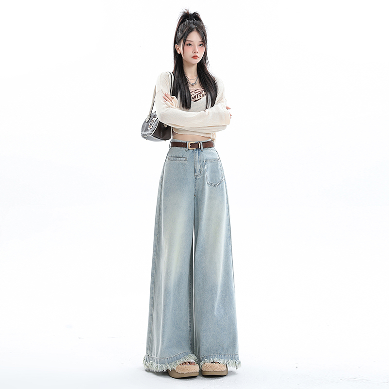 Actual shot of 2024 early spring raw edge retro soft wide-leg jeans for women loose drapey floor-length culottes