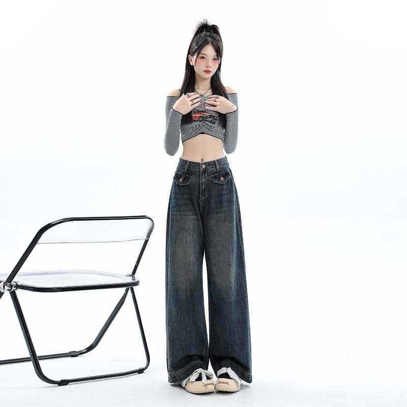 Actual shot of 2024 early spring retro wide-leg jeans for women, loose American high street straight-leg floor mopping pants