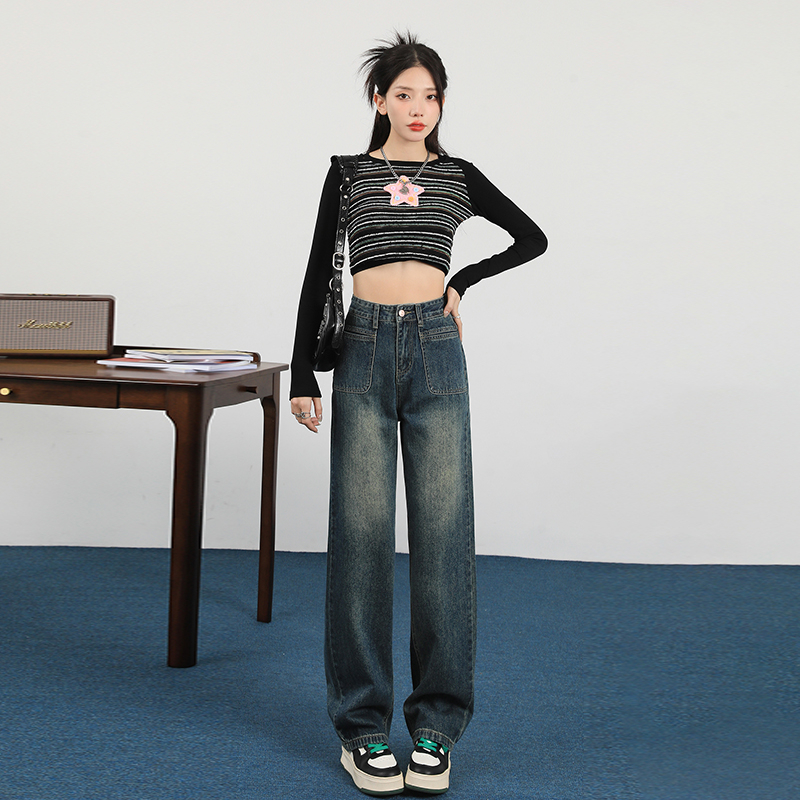 Actual shot of 2024 early spring retro narrow wide-leg jeans for women, loose high-waisted straight-leg raw edge trousers