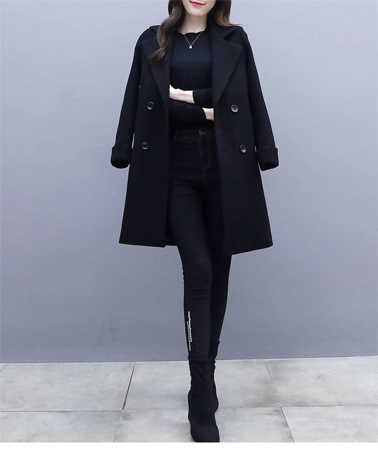 Dragon and Phoenix Korean style autumn and winter thick woolen coat for women mid-length black petite chic Nizi coat for women