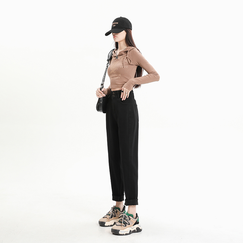 Actual shot of 2024 early spring elastic high-waisted harem jeans daddy loose straight harem carrot pants