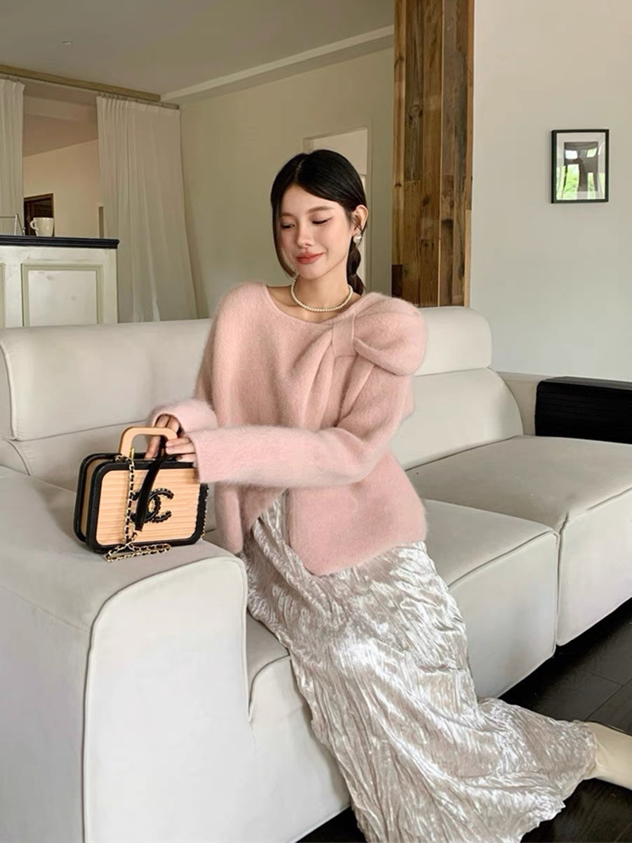 UMINI 蝴蝶結毛衣女秋冬2023新款設計感溫柔風氣質軟糯兔毛針織衫