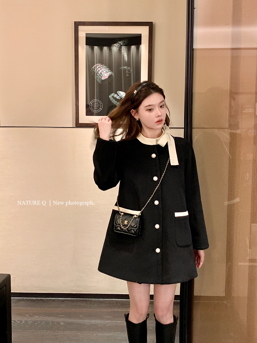 楊小卷羽絨內膽法式蝴蝶結黑色大衣女赫本風毛呢外套小香風羽絨服