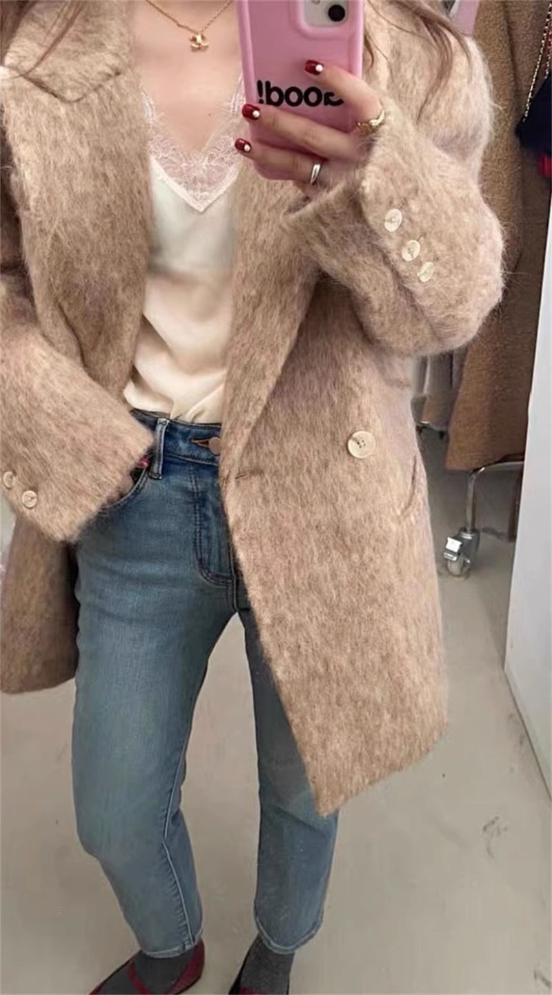 黑哥淺咖色毛呢西裝外套女冬季加厚小個子設計感小眾韓版休閒上衣