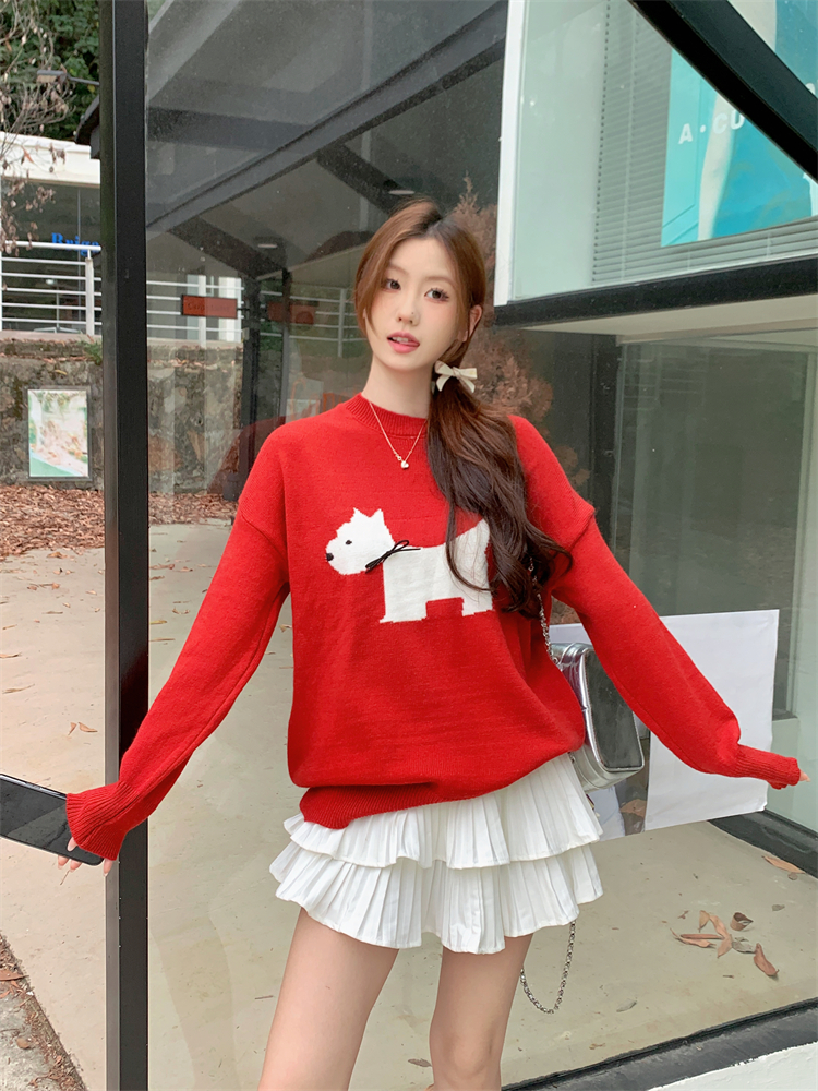 Real shot of autumn and winter new design bow puppy pattern sweater for women round neck loose knitted top