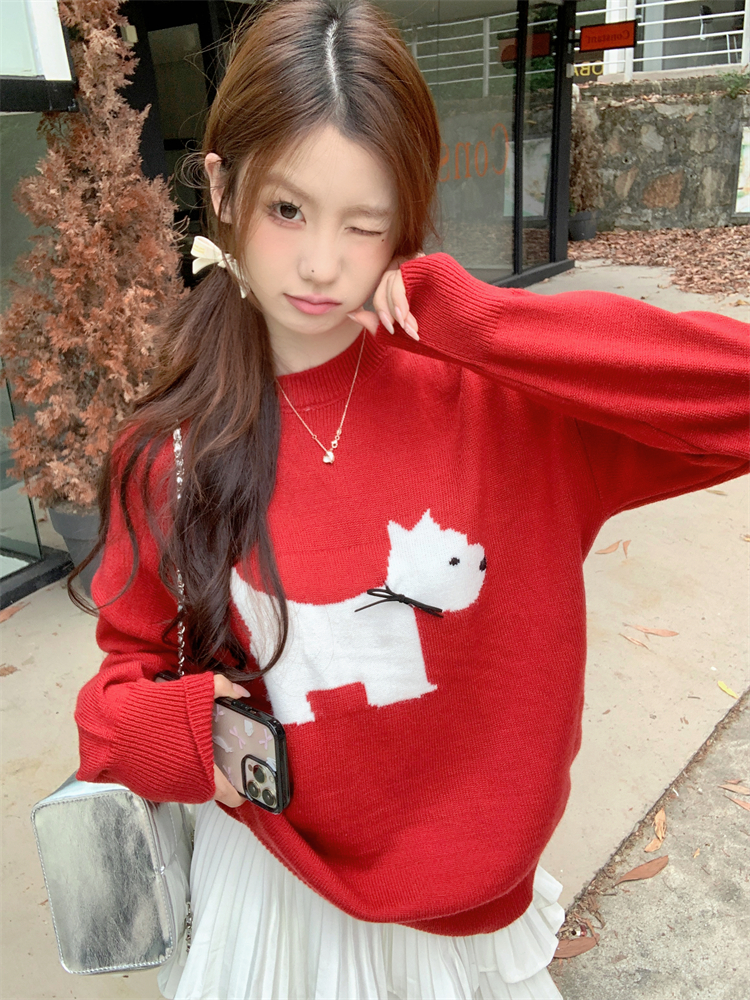 Real shot of autumn and winter new design bow puppy pattern sweater for women round neck loose knitted top