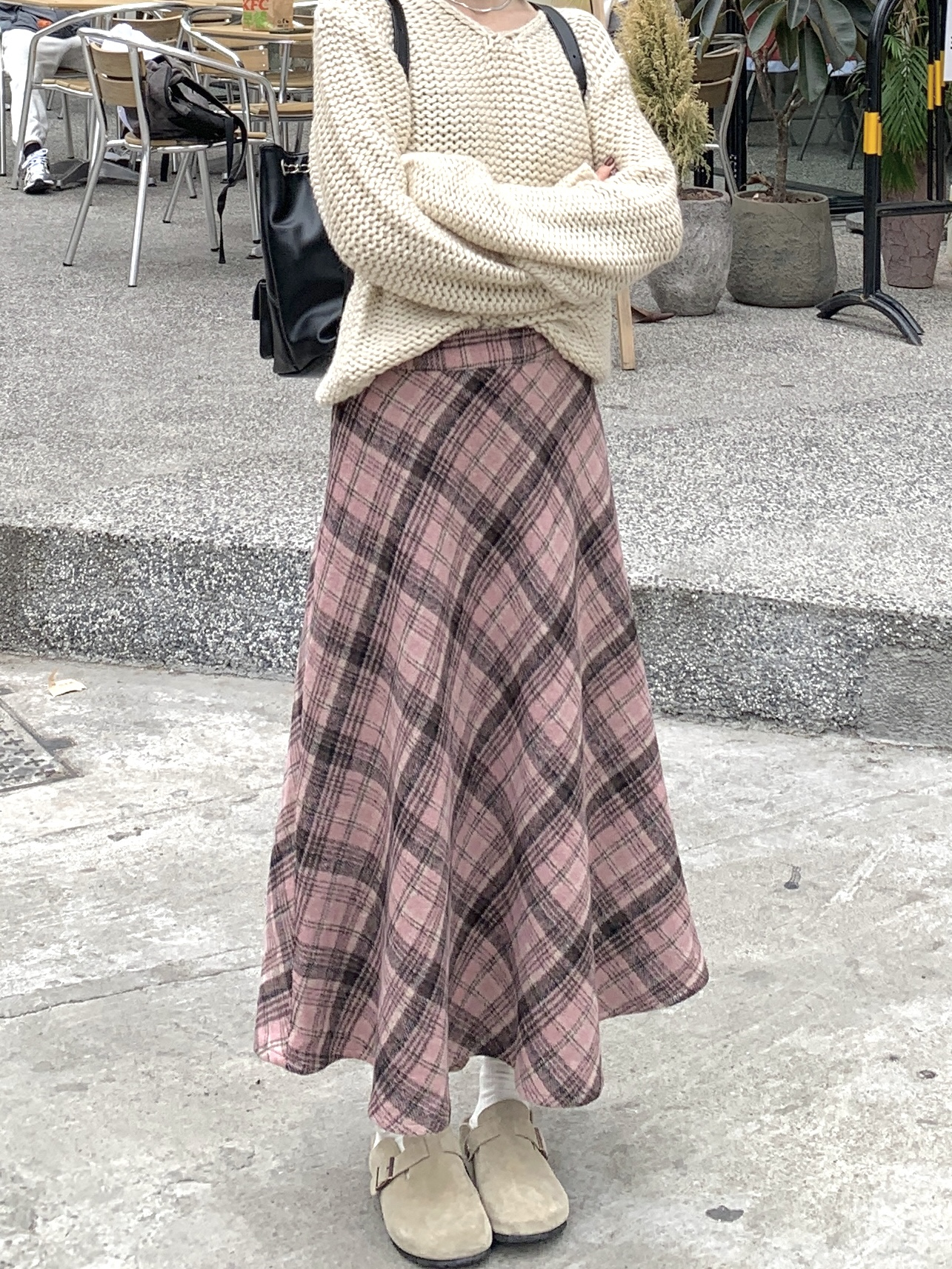 實拍 復古毛呢格紋中長裙