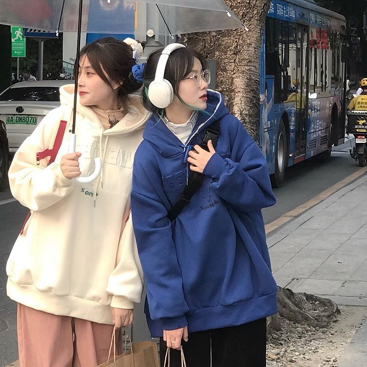 複合衛衣可愛熊克萊因藍印花連帽熊耳衛衣女秋冬款
